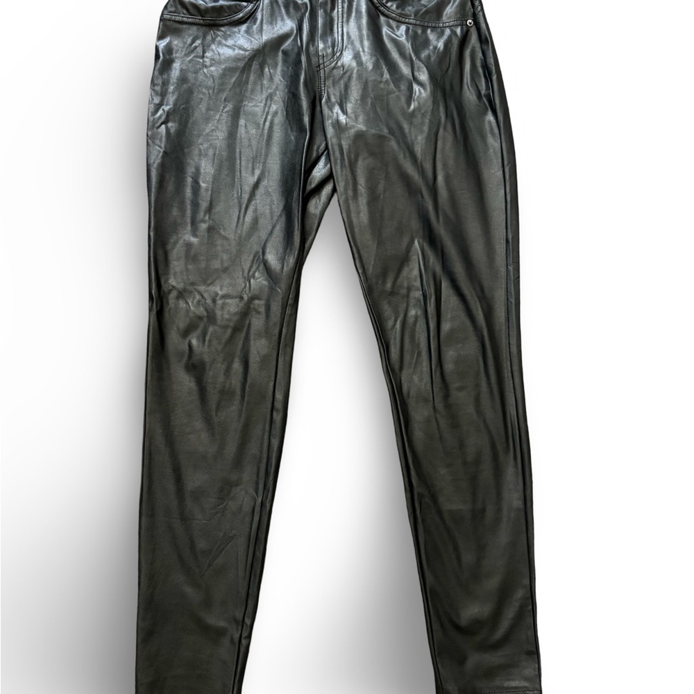 HUE l L Contemporary Stretch Faux Leather Suede Lining Taper Leg Leggings Pants - Picture 2 of 5